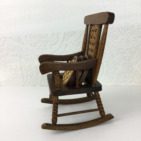 Vintage MCM wooden rattan miniature rocking chair with coasters set of 3 - Picture 8 of 13